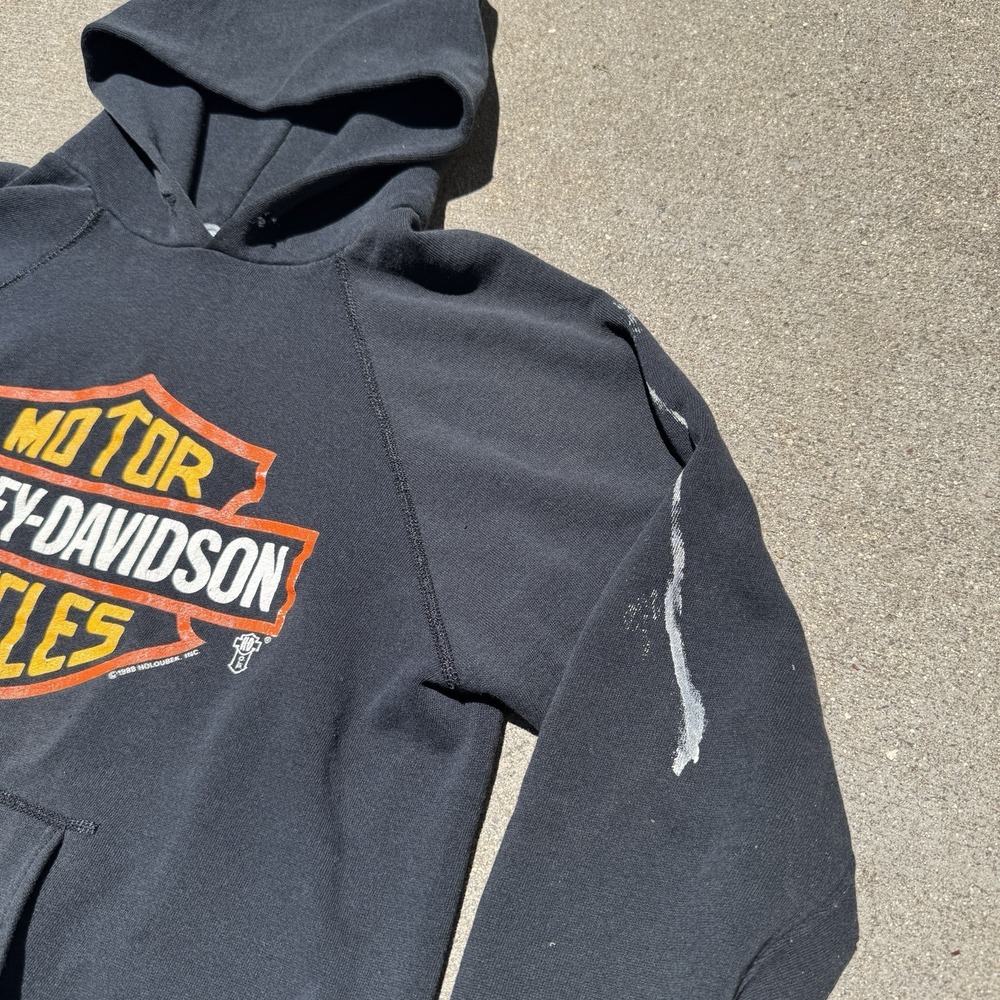 Vintage 80s Harley Davidson Hoodie Sweatshirt Medium Black Detroit Distressed - Picture 5 of 12